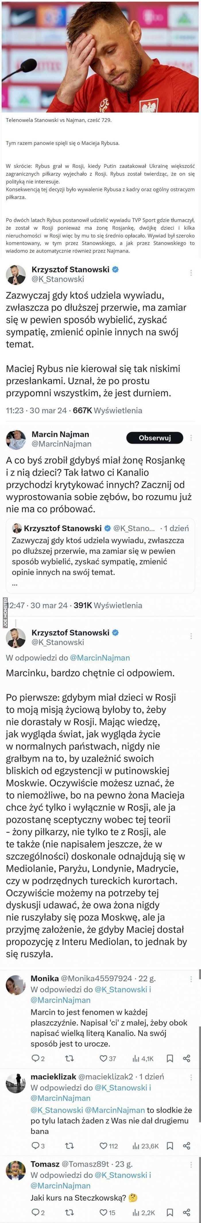 Telenowela Stanowski vs Najman, cześć 729. Tym razem panowie spięli się o Macieja Rybusa.
W skrócie: Rybus grał w Rosji, kiedy Putin zaatakował Ukrainę większość zagranicznych piłkarzy wyjechało z Rosji. Rybus został twierdząc, że on się 